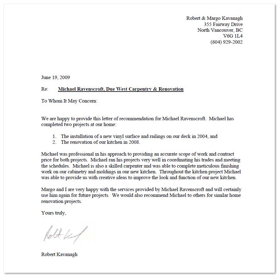 Reference Letter For Carpenter